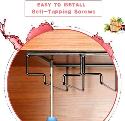 Wine Glass Rack - Under Cabinet Stemware Wine Glass Holder Glasses Storage Hanger Metal Organizer for Bar Kitchen Gold