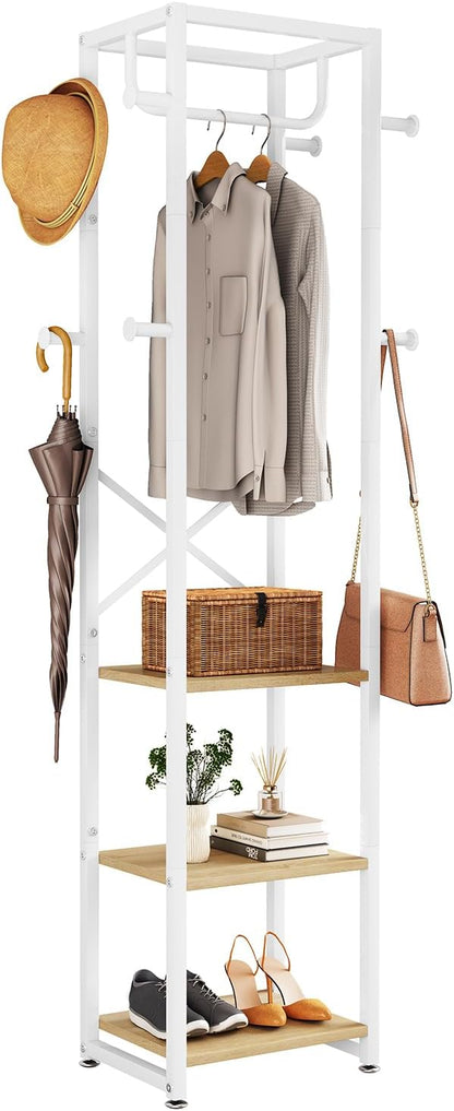 IBUYKE Coat Rack with Shelves, Freestanding Hall Tree with 3 Shelves and 8 Hooks, Industrial Clothes Stand for Entryway, Hallway, Bedroom, Natural UTMJ088R