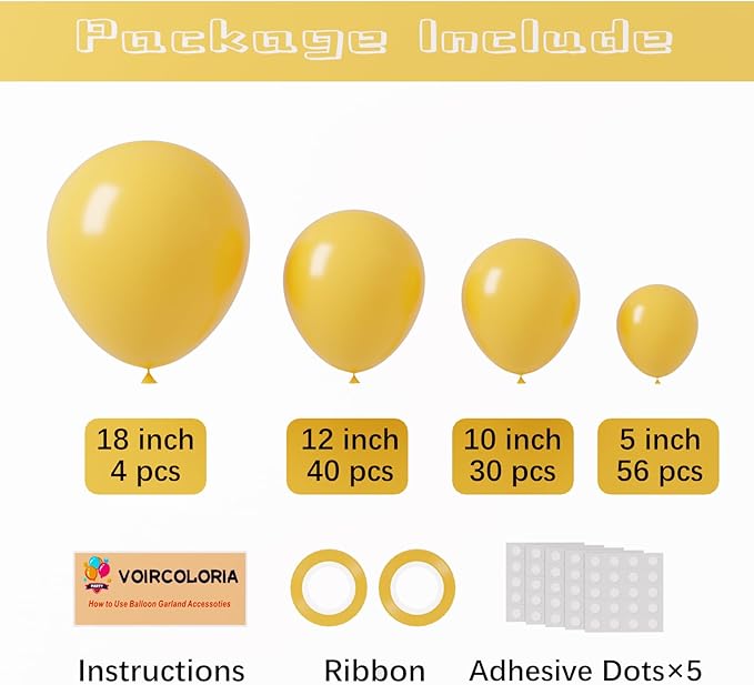 130pcs Mustard Yellow Balloons Different Sizes 18" 12" 10" 5" Lemon Yellow Latex Balloon Garland Arch Kit for Birthday Baby Shower Graduation Wedding Gender Reveal Party Decorations