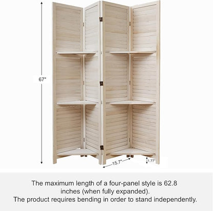 Room Divider with Shelves, 5.6 Ft Tall Folding Wood Screen with Double Hinges for Home Office Bedroom Hotel Decoration (4 Panels, White-Washed)