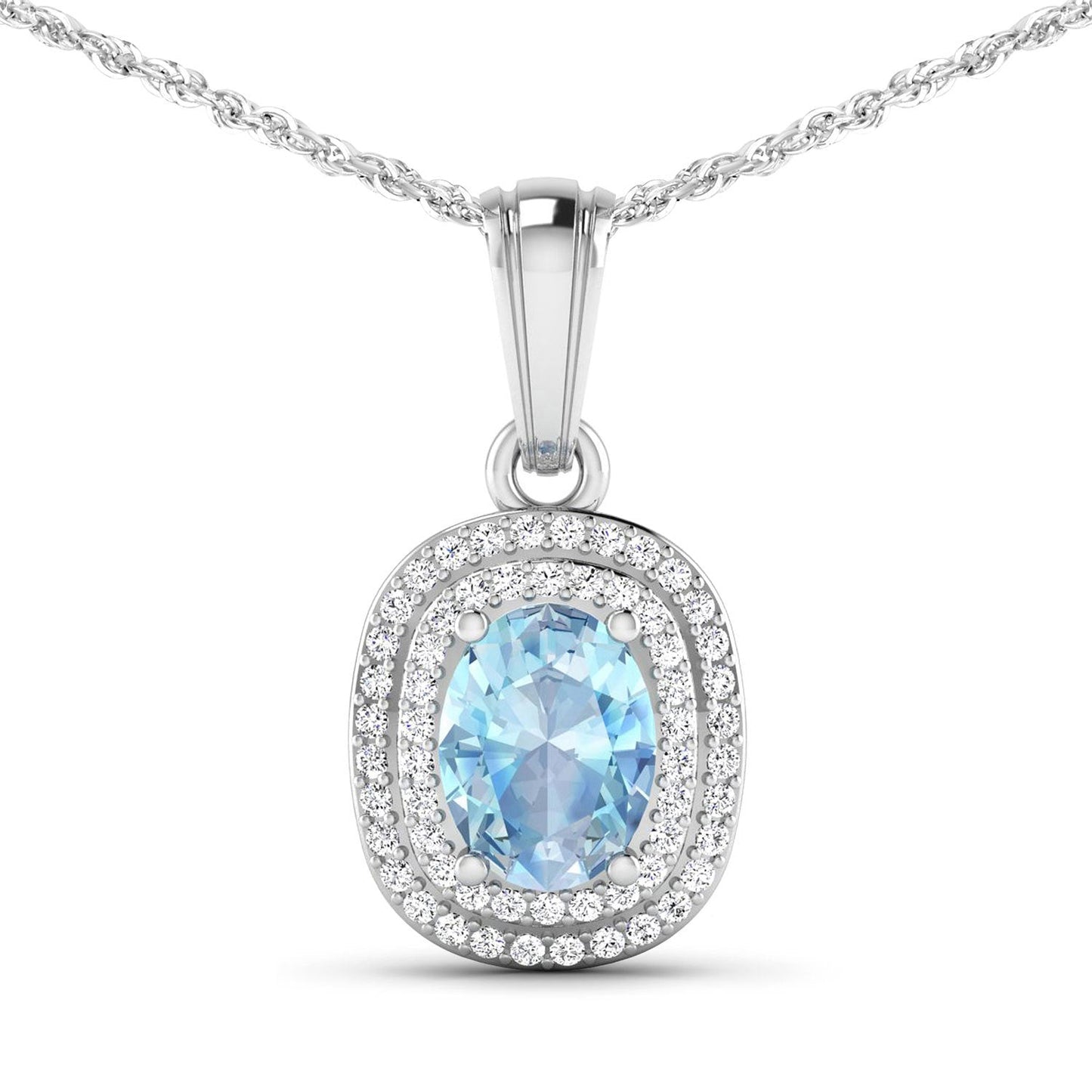 1.35 Carat Genuine Aquamarine and White Diamond 14K White Gold Pendant