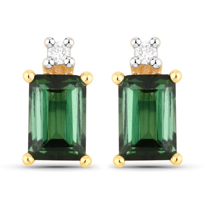 1.24 Carat Genuine Green Tourmaline and White Diamond 14K Yellow Gold Earrings