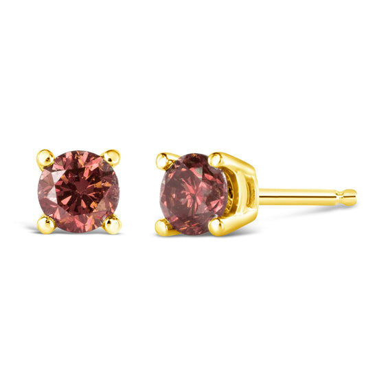 Boucles d'oreilles solitaires classiques à 4 griffes en or jaune 14K avec diamants roses ronds brillants de laboratoire de 1,00 carat (couleur rose, pureté VVS2-VS1)