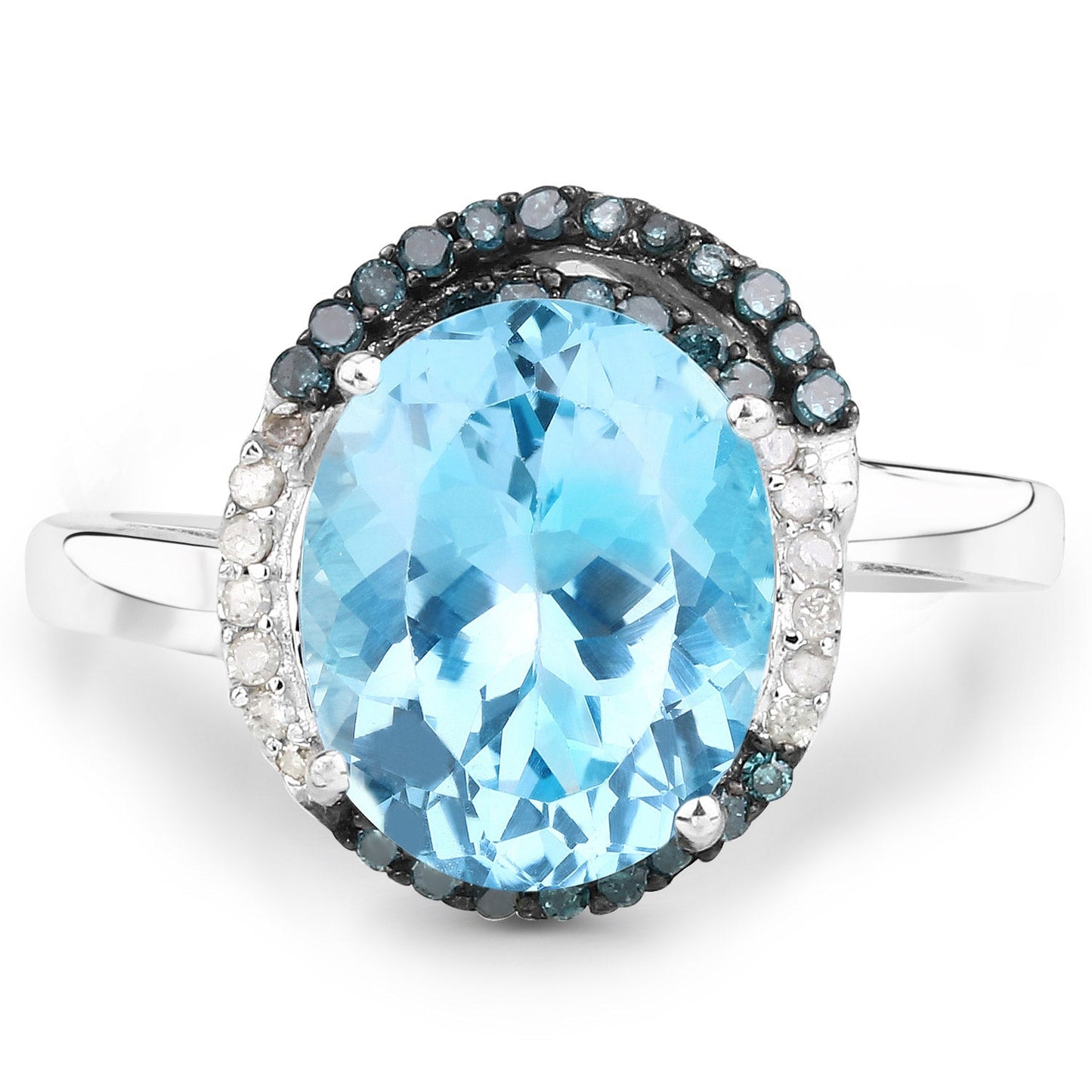 5.27 Carat Genuine Swiss Blue Topaz, Blue Diamond and White Diamond .925 Sterling Silver Ring