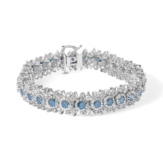 Bracelet en Or Blanc 14K 10,0 Carats Sertie de Diamants Bleus et Blancs (Couleur H-I, SI2-I1) Motif Floral Vintage 7"