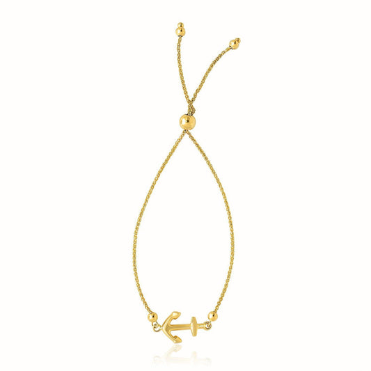 Bracelet lariat réglable en or jaune 14 carats motif ancre marine
