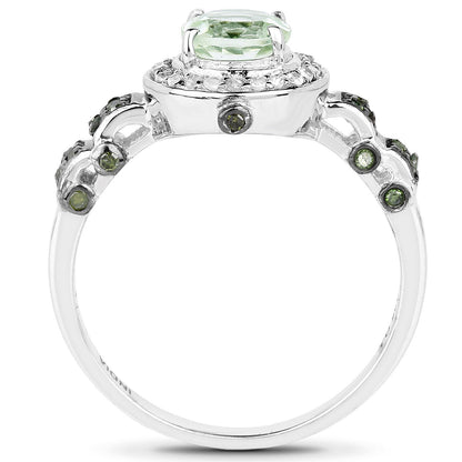 1.07 Carat Genuine Green Amethyst, Green Diamond and White Diamond .925 Sterling Silver Ring