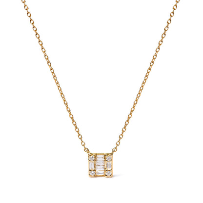10K Yellow Gold 1/10 Cttw Round and Baguette Diamond Mosaic Composite Square 18" Inch Pendant Necklace (H-I Color, I1-I2 Clarity)