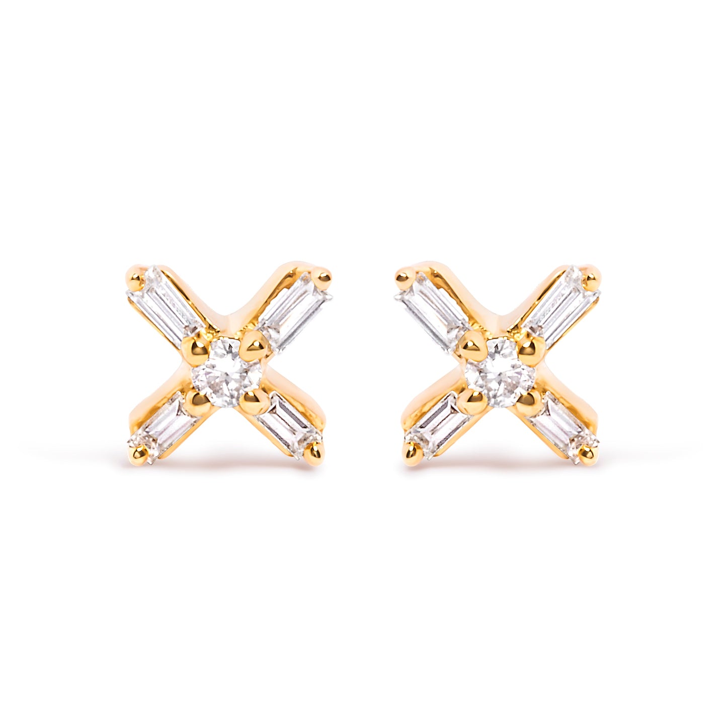 10K Yellow Gold 1/10 Cttw Round and Baguette Diamond Criss Cross X Stud Earring (H-I Color, I1-I2 Clarity)