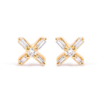 10K Yellow Gold 1/10 Cttw Round and Baguette Diamond Criss Cross X Stud Earring (H-I Color, I1-I2 Clarity)