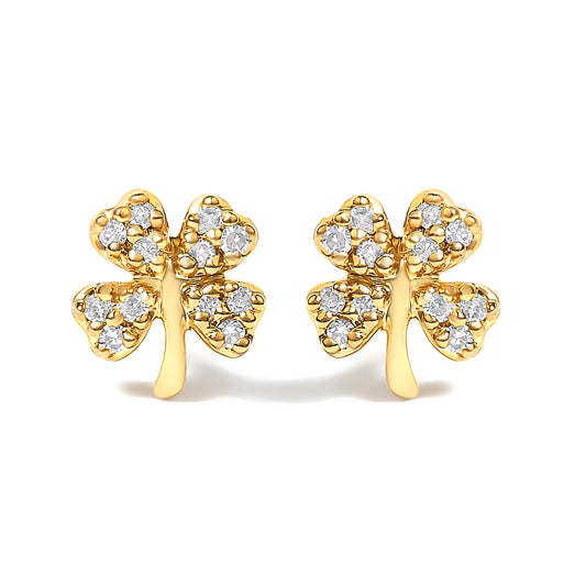 Boucles d'oreilles clous trèfle à quatre feuilles avec accent de diamants en or jaune 10K