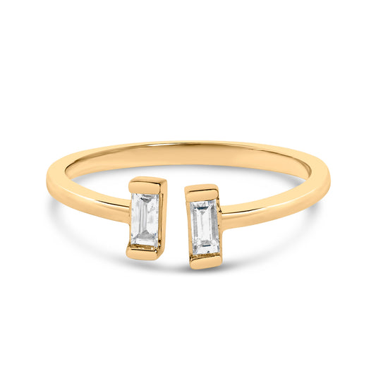 Bague à anneau ouvert en argent sterling plaqué or jaune 14 carats et diamants baguette 1/5 carat