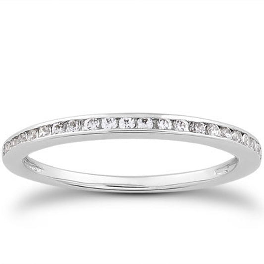 Alliance de mariage en or blanc 14 carats sertie de diamants en rail, profil fin