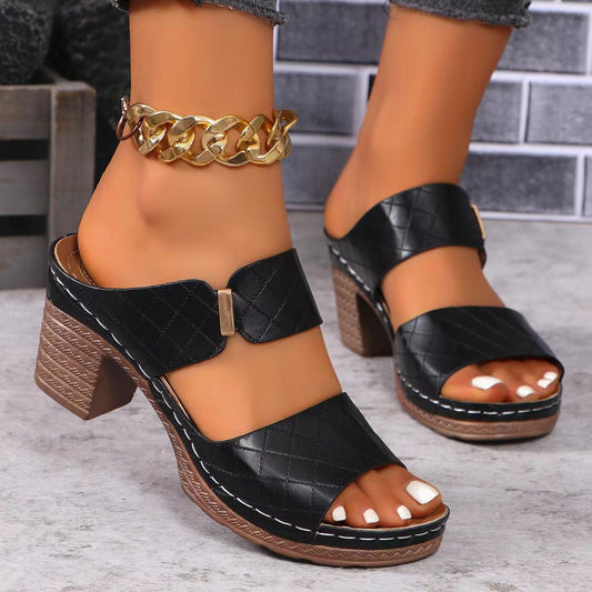Sandalias de tacón grueso de verano con puntera redonda, de cuadros, tipo "slides", a la moda, de tacón alto, para mujer