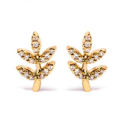 10K Yellow Gold 1/10 Cttw Diamond Accented Leaf and Branch Stud Earrings (H-I Color, I1-I2 Clarity)