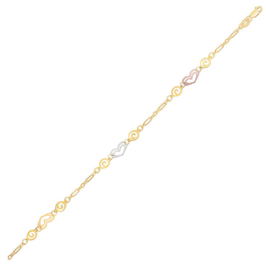 Chevalière en or tricolore 14 carats avec motifs de cœurs multicolores