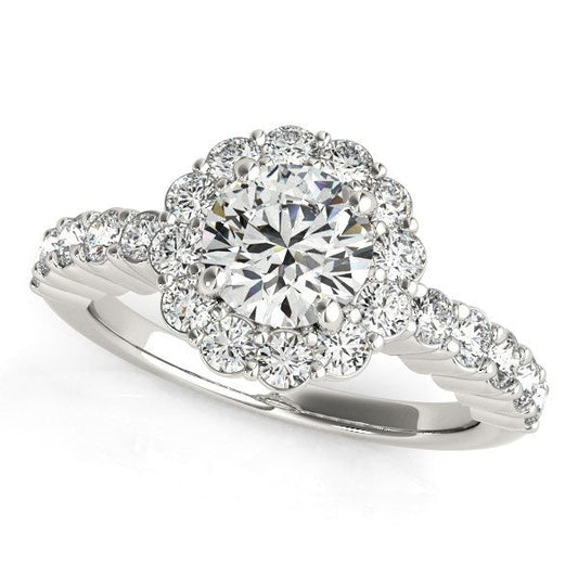 Bague de fiançailles en or blanc 14 carats avec motif floral rond et diamants (poids total 1 5/8 carats)