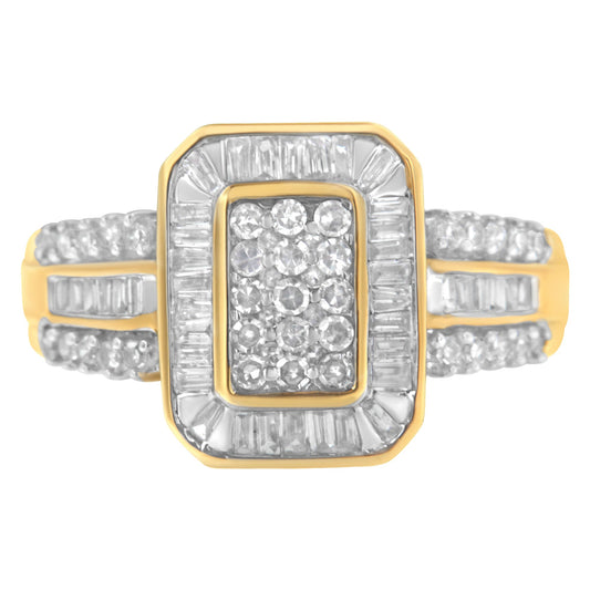 Bague grappe en or jaune 10K avec diamants ronds et baguettes (1,0 Cttw, couleur I-J, clarté SI1-SI2) - Taille 7