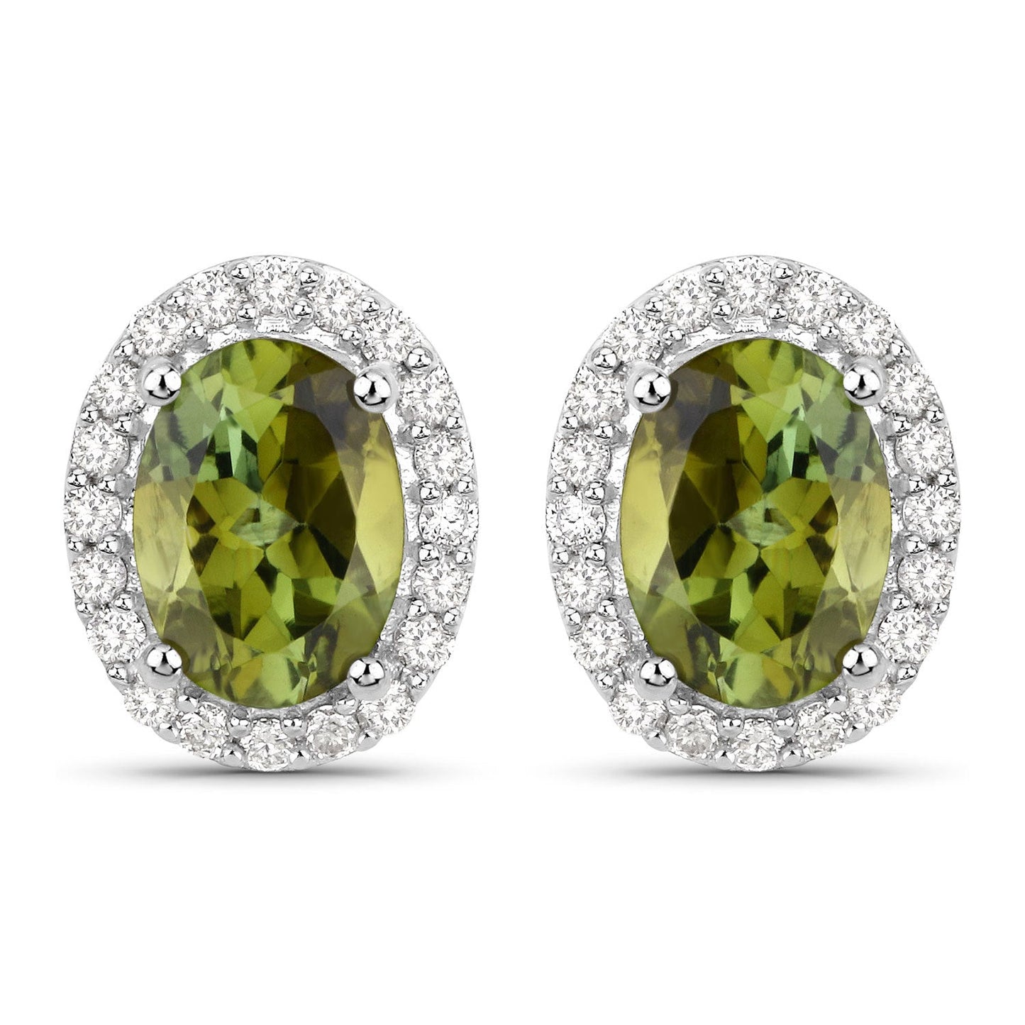 1.92 Carat Genuine Green Tourmaline and White Diamond 14K White Gold Earrings