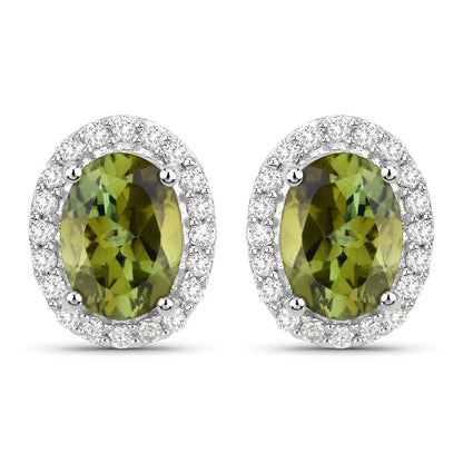 1.92 Carat Genuine Green Tourmaline and White Diamond 14K White Gold Earrings
