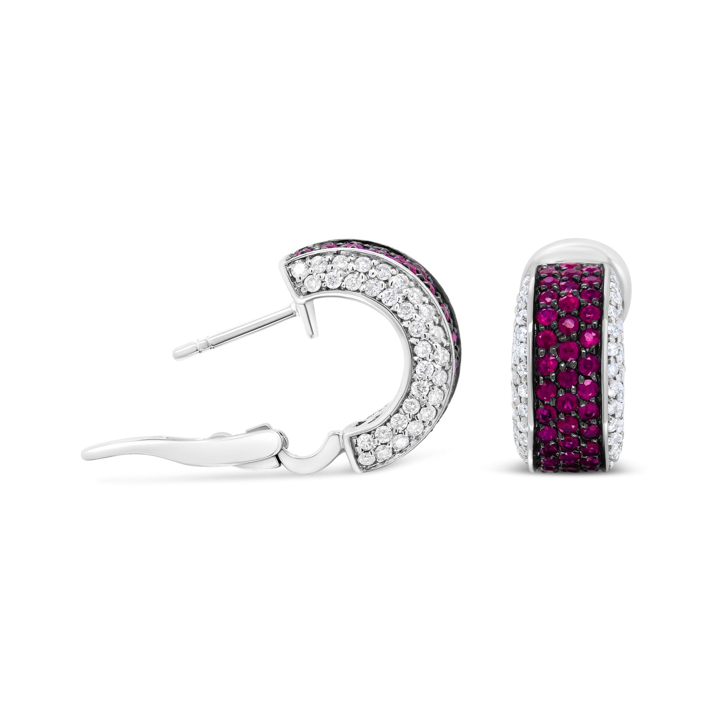 18K White Gold and Black Rhodium Plated 3/4 Cttw Round Diamonds and 1mm Round Red Ruby Huggie Hoop Earrings (F-G Color, VS1-VS2 Clarity)