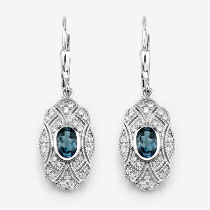 1.32 Carat Genuine London Blue Topaz and White Topaz .925 Sterling Silver Earrings