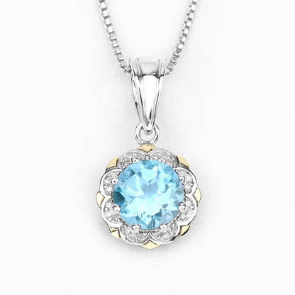 2.32 Carat Genuine Swiss Blue Topaz and White Diamond 14K Yellow Gold with .925 Sterling Silver Pendant