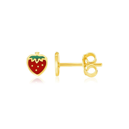 Boucles d'oreilles pour enfants en or jaune 14 carats émaillées fraise