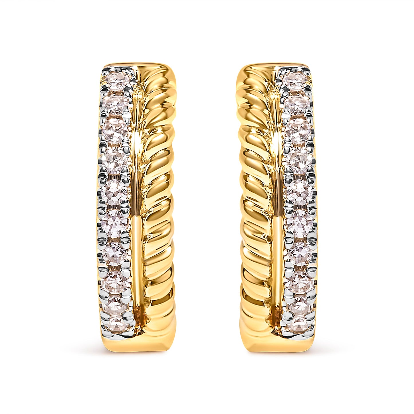 10K Yellow Gold 1/10 Cttw Diamond and Rope Twist Huggy Hoop Earrings (H-I Color, I1-I2 Clarity)