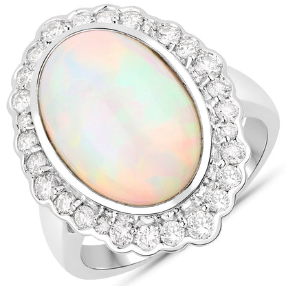 6.38 Carat Genuine Ethiopian Opal and White Diamond 14K White Gold Ring