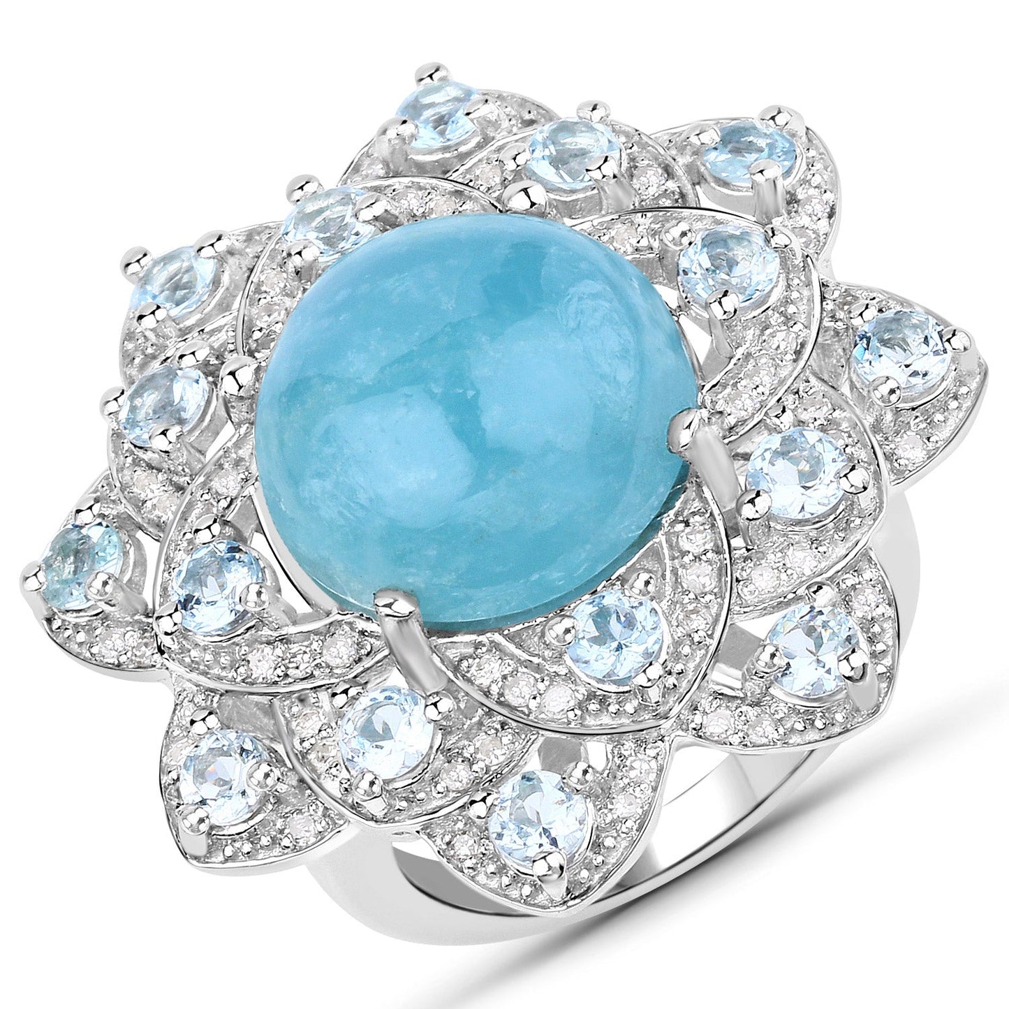 12.72 Carat Genuine Aquamarine and White Diamond .925 Sterling Silver Ring