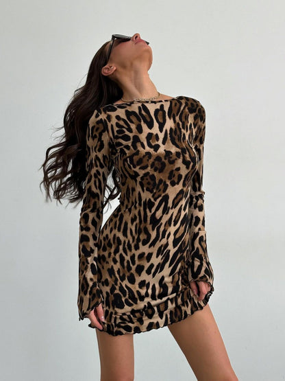 Leopard Backless Long Sleeve Mini Dress