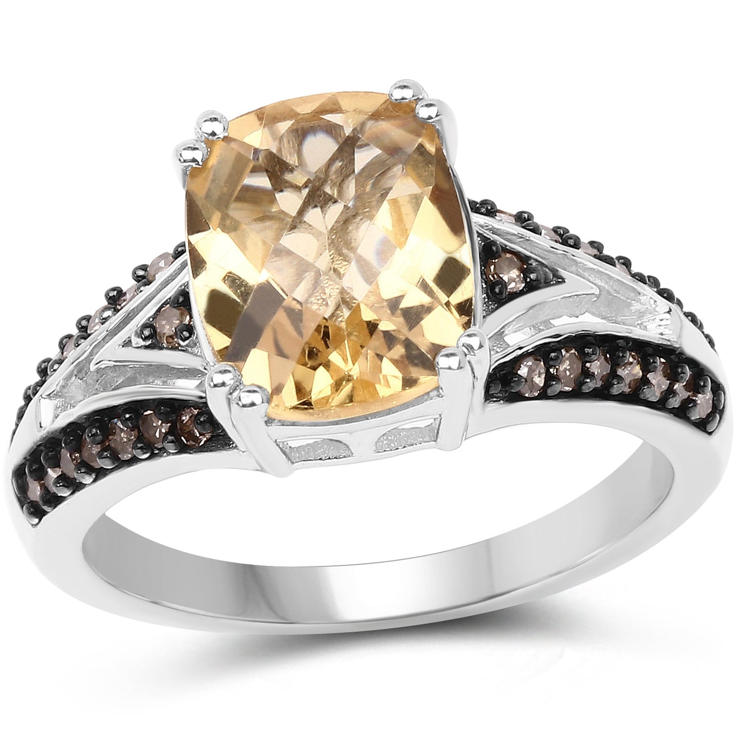 2.79 Carat Genuine Citrine, Champagne Diamond & White Diamond .925 Sterling Silver Ring
