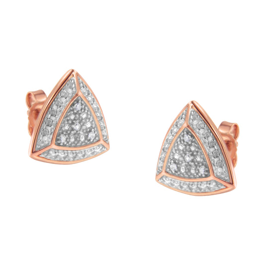 Boucles d'oreilles clous en or rose 14 carats sur argent sterling 925, en forme de trillion à 4 pierres avec halo de diamants (couleur H-I, pureté I2-I3)