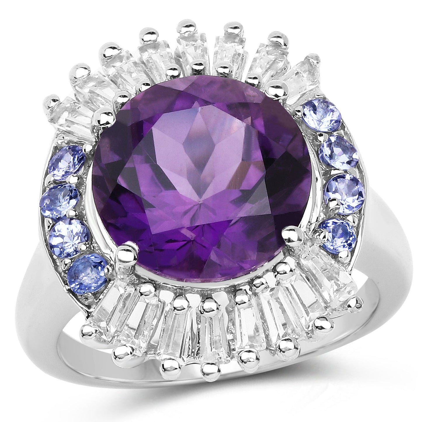 5.24 Carat Genuine Amethyst, Tanzanite & White Topaz .925 Sterling Silver Ring