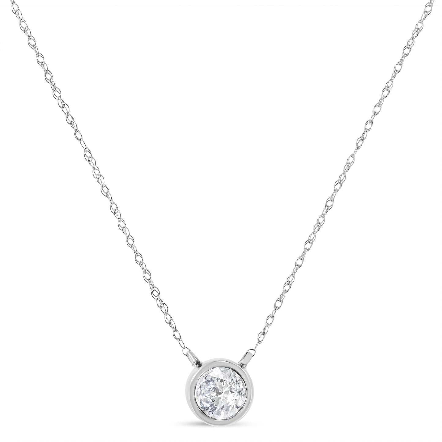 AGS Certified 10K White Gold 1/3 Cttw Bezel Set Round Diamond Solitaire 16-18" Adjustable Pendant Necklace (I-J Color, SI1-SI2 Clarity)