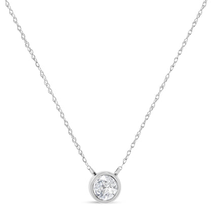 AGS Certified 10K White Gold 1/3 Cttw Bezel Set Round Diamond Solitaire 16-18" Adjustable Pendant Necklace (I-J Color, SI1-SI2 Clarity)