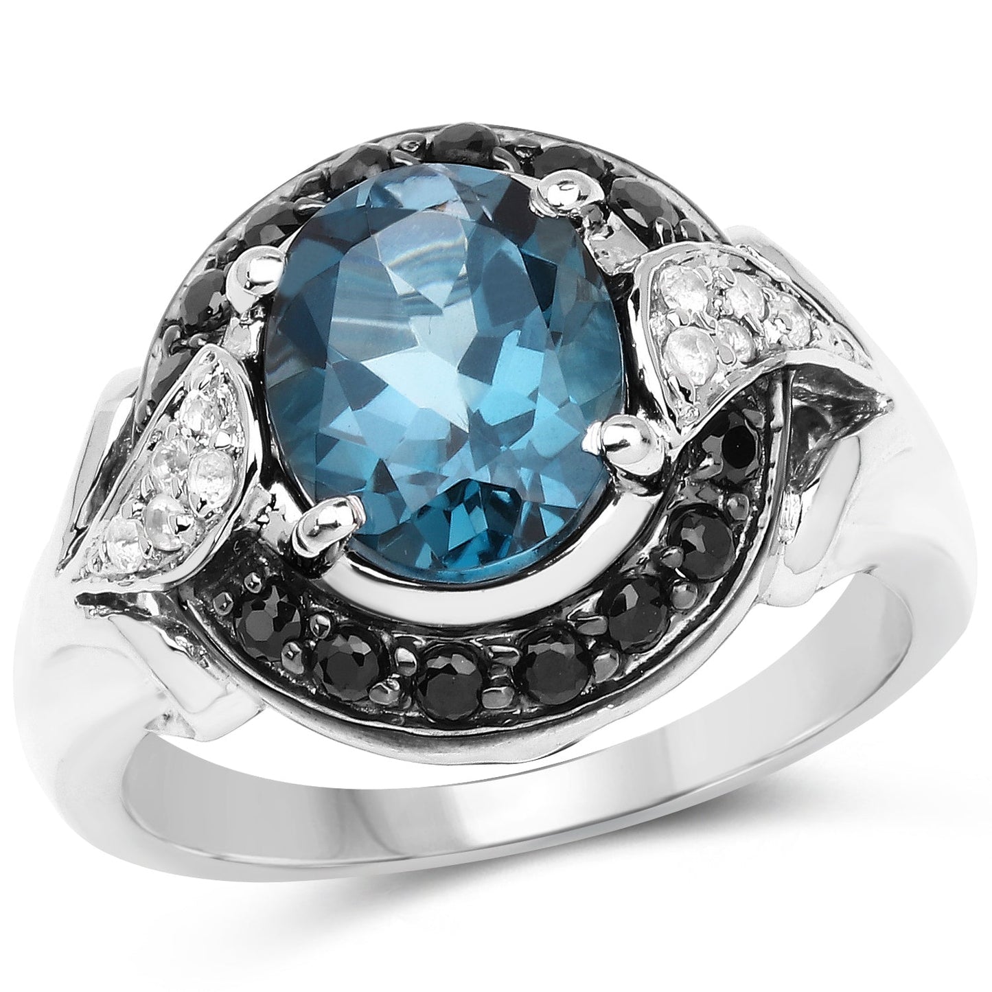 4.27 Carat Genuine London Blue Topaz, Black Spinel & White Topaz .925 Sterling Silver Ring