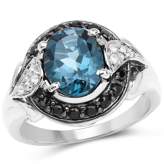 Bague en argent sterling 925 avec topaze bleue de Londres, spinelle noire et topaze blanche, 4,27 carats, véritable