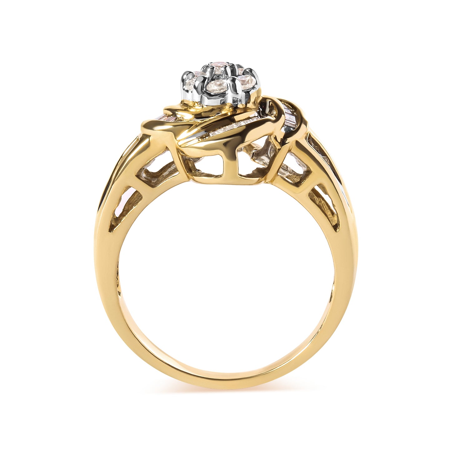 10K Yellow Gold 1/2 Cttw Round and Baguette Diamond Flower Swirl Cocktail Ring (I-J Color, SI2-I1 Clarity) - Ring Size 7