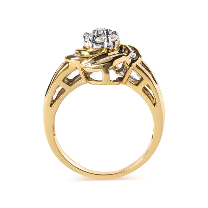 10K Yellow Gold 1/2 Cttw Round and Baguette Diamond Flower Swirl Cocktail Ring (I-J Color, SI2-I1 Clarity) - Ring Size 7