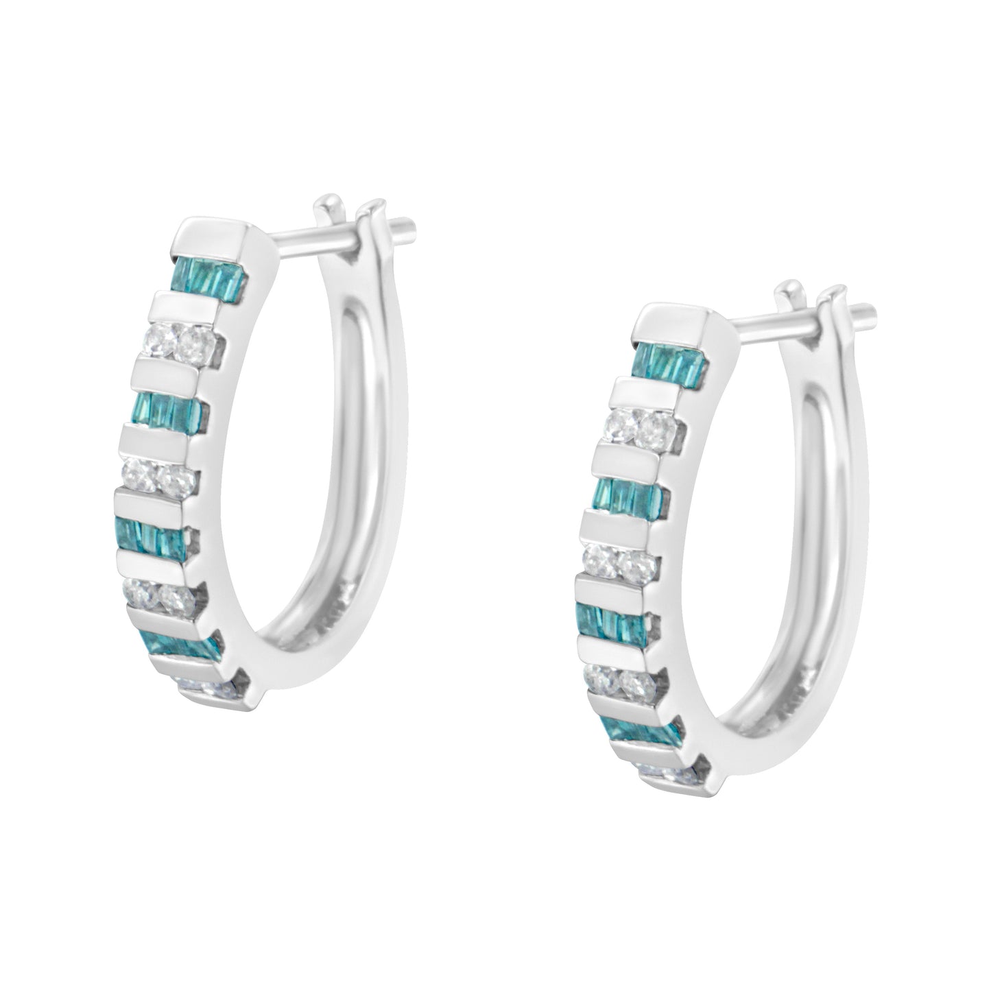 10k White Gold Round and Blue Baguette 1/2 cttw Diamond Hoop Earrings (I-J Color, I2-I3 Clarity)