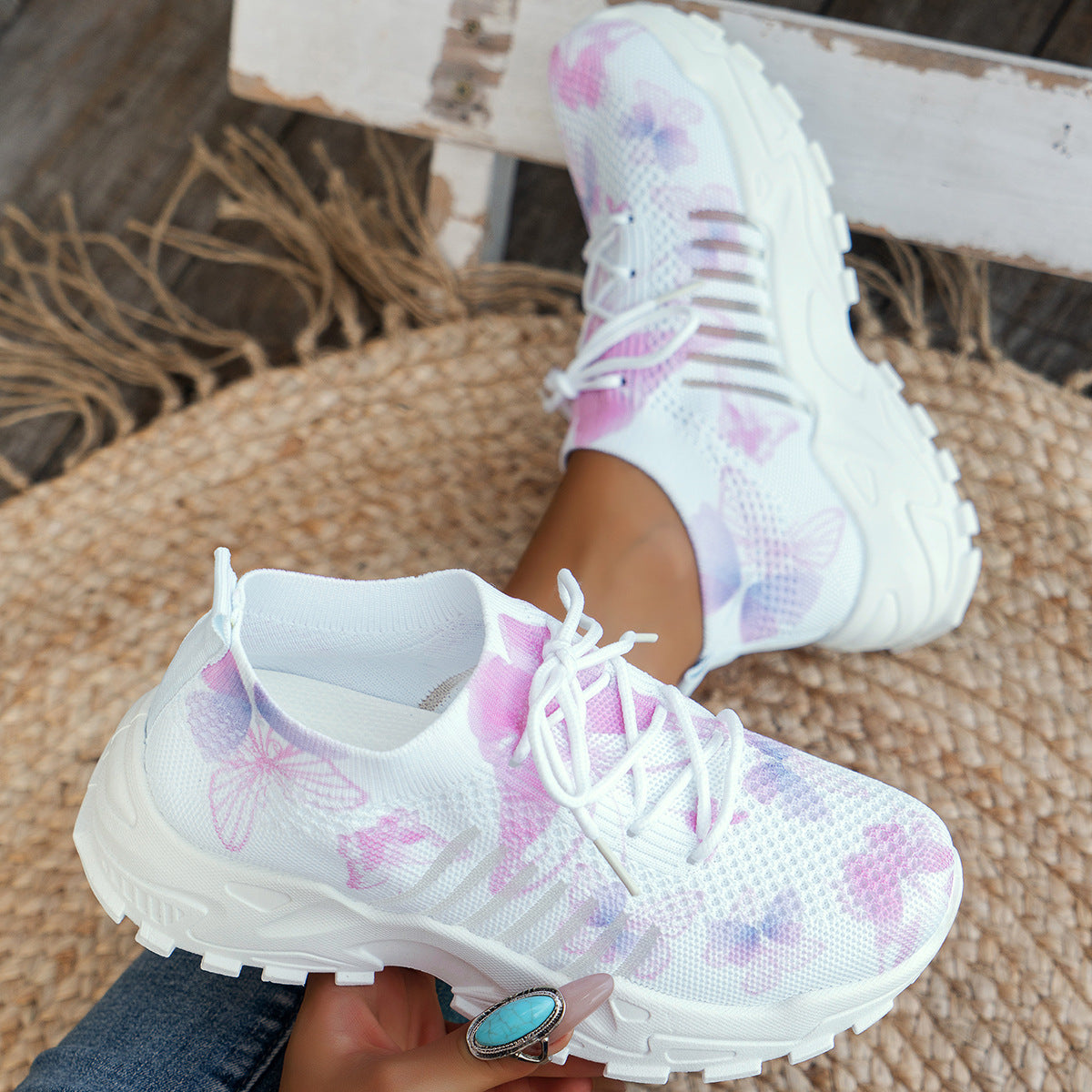 Butterfly Print Mesh Sneakers Women's Flat Heel Casual Shoes Fashion Running Jogging Walking Sports Shoes
