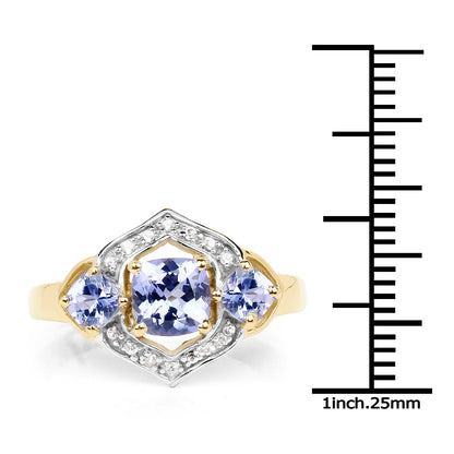 14K Yellow Gold Plated 1.58 Carat Genuine Tanzanite and White Topaz .925 Sterling Silver Ring
