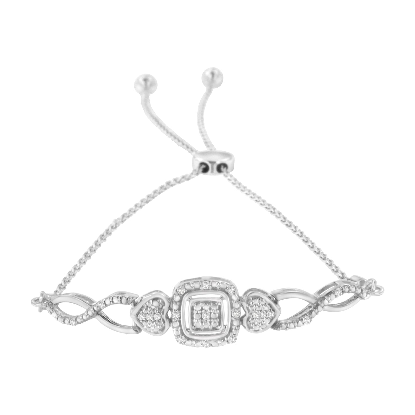 .925 Sterling Silver Diamond Cushion Frame Heart-Sides Twist 4â€-10â€ Adjustable Bolo Tennis Bolo Bracelet (I-J Color, I3 Clarity)