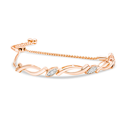 14K Rose Gold Plated .925 Sterling Silver 1/10 Cttw Diamond Alternating Swirl link Bolo Bracelet (I-J Color, I2-I3 Clarity) - 6" to 9" Adjustable