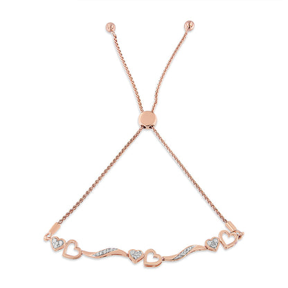 14K Rose Gold Plated .925 Sterling Silver 1/10 Cttw Diamond Wave and Hearts 4â€-10â€ Adjustable Bolo Bracelet (I-J Color, I3 Clarity)