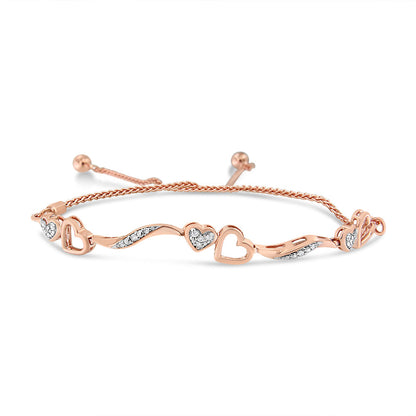 14K Rose Gold Plated .925 Sterling Silver 1/10 Cttw Diamond Wave and Hearts 4â€-10â€ Adjustable Bolo Bracelet (I-J Color, I3 Clarity)