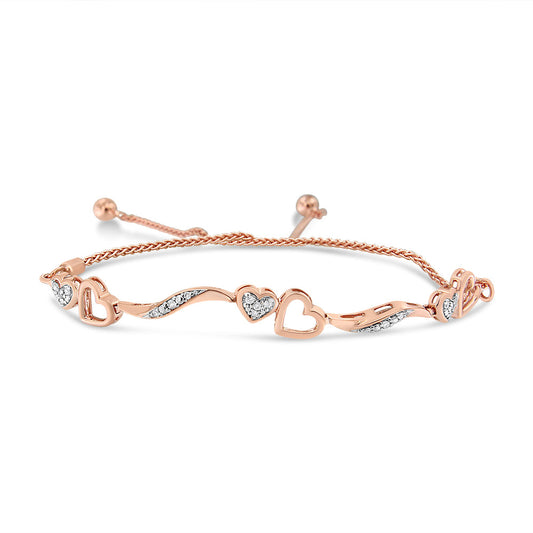 Bracelet Bolo réglable 4"-10" en argent sterling .925 plaqué or rose 14 carats, avec vagues et cœurs sertis de diamants 0,10 carat (couleur I-J, pureté I3)