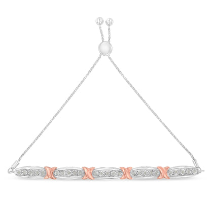 .925 Sterling Silver 1/4 Cttw Round-Cut Diamond X & Tapered Bar Miracle-Set Bolo Bracelet (I-J Color, I3 Clarity) - Two Tone Rose Gold & Silver